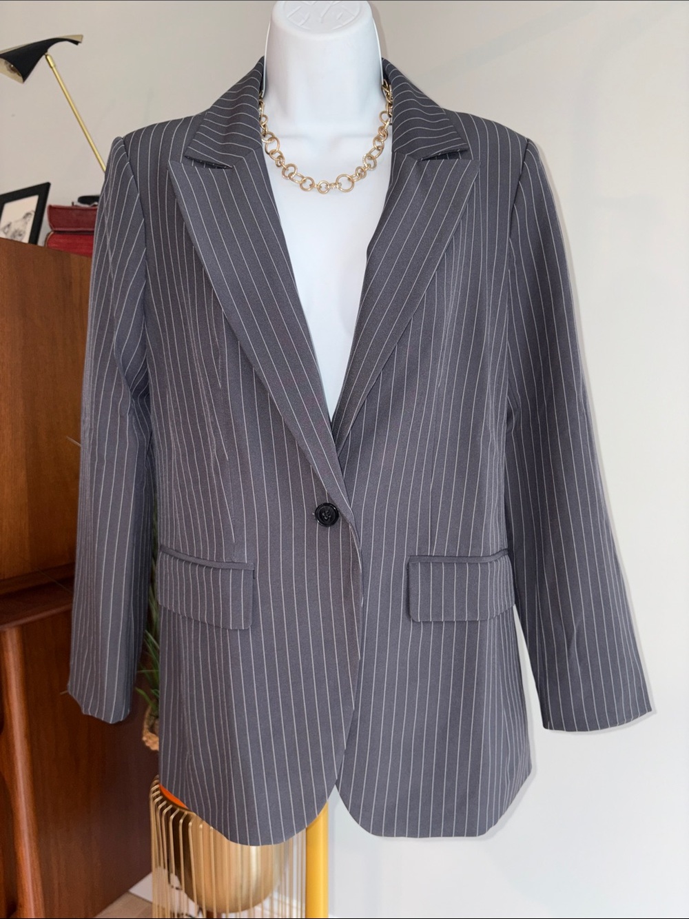 Gray Pinstripe Women's Blazer - Single Button Professional Jacket